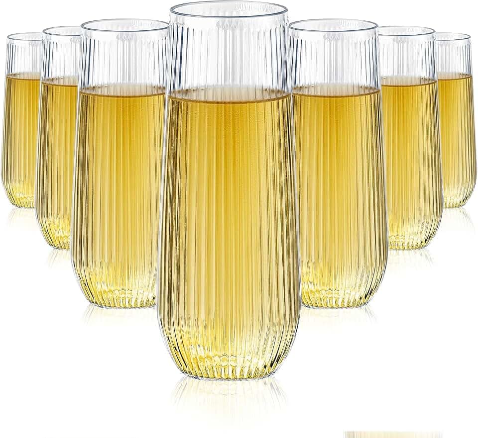 48 Pack Ribbed Plastic Champagne Flutes, 9 Oz Stemless Disposable Cups