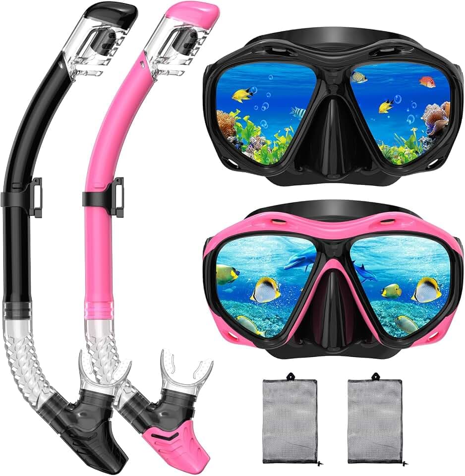 Snorkeling Gear for Adults, Panoramic Wide View Mask Dry Snorkel Set, Leak-Proof and Anti-Fog Snorkel Kit with Mesh Bag