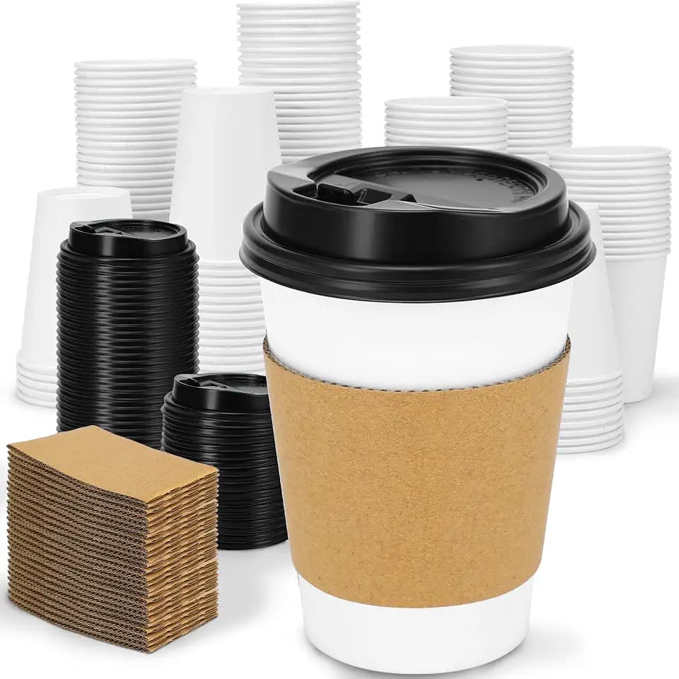 Clawsoff 100 Pack 12 oz Disposable Coffee Cups with Lids and Sleeves(White)