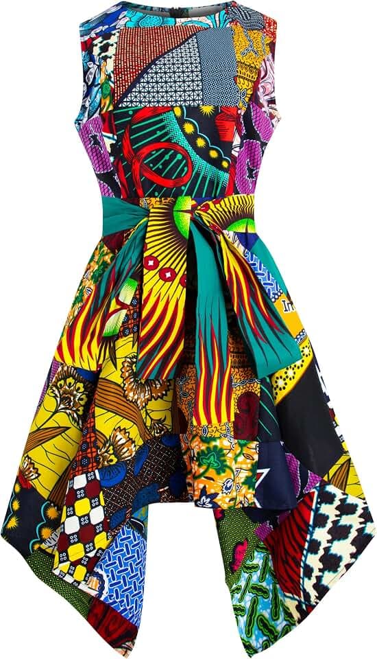 SHENBOLEN Women African Print Dress Ankara Wax Cloth Belt Wedding Dresses