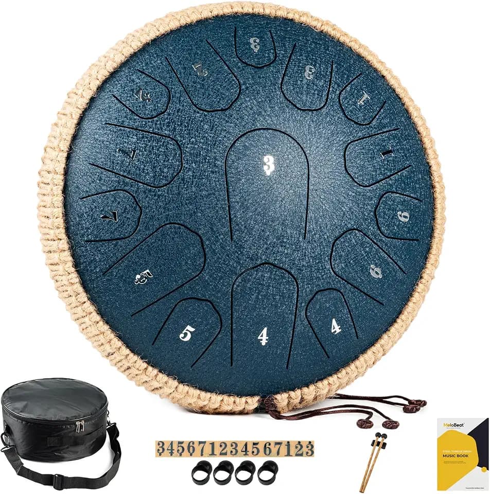 MeloBeat Zungentrommel 13 Zoll 15 Töne - Professionelles Steel Tongue Drum Handpan Set in D Dur inkl. Zungentrommel Liederbuch, Schlagzeug Sticks und Trommel Tragetasche (Dunkelblau)