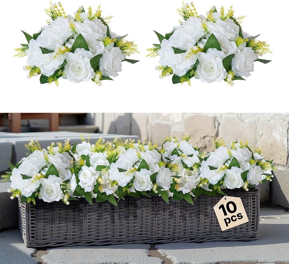 VEVOR Kunstblumen 10 Stück, Blumenkugel-Arrangement-Bouquet, 240 x 240 x 120 mm, Hochzeitsrosen-Tischdekoration, Seidenrosen für Hochzeits-Tisch-& Heimtischdekorationen, weiß