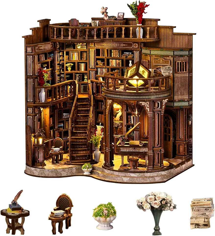 DIY Book Nook Kit, 3D Wooden Puzzle Miniature Booknook Bookend Bookshelf Decor with LED Light,Cherry Blossom Bookstore Bookshelf Insert Booknook, Book Nook Kits for Adults