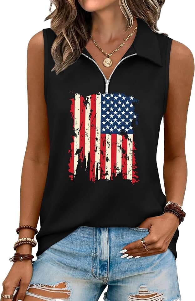 ELDPS USA Tank Tops Women 4th of July Sleeveless Patriotic T-Shirt American Flag Graphic Summer Tops with Zipper
