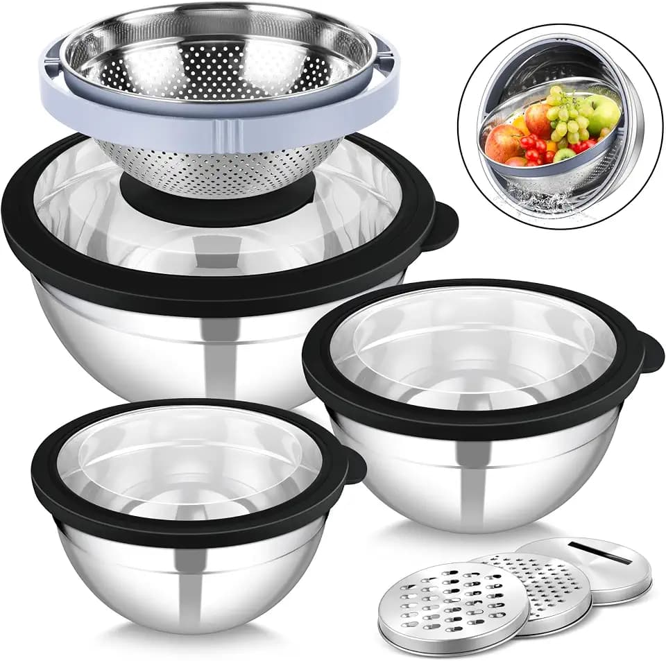 Joyfair Rührschüssel mit Deckel, Edelstahl Schüssel Salatschüssel 3er Set mit Sieb und 3 Reibenaufsätzen für Küche, 4,5L / 3L / 1,5L, Stapelbar & Sichtbar, Spülmaschinenfest, Schwarz