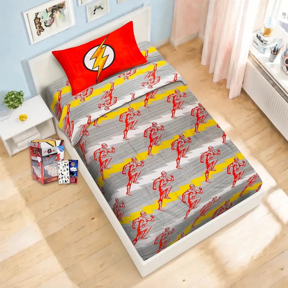 The Flash Bedding Set Full Size Bed - Bundle with DC Comics Flat Sheet, Fitted Sheet, and Pillowcases for Full Bed Plus Stickers, More | The Flash Bedding for Boys