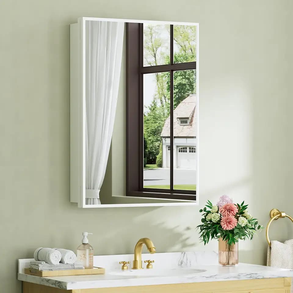 Buruis 20 x 28 Inch Framed Medicine Cabinet Mirror, Recessed/Wall Mounted