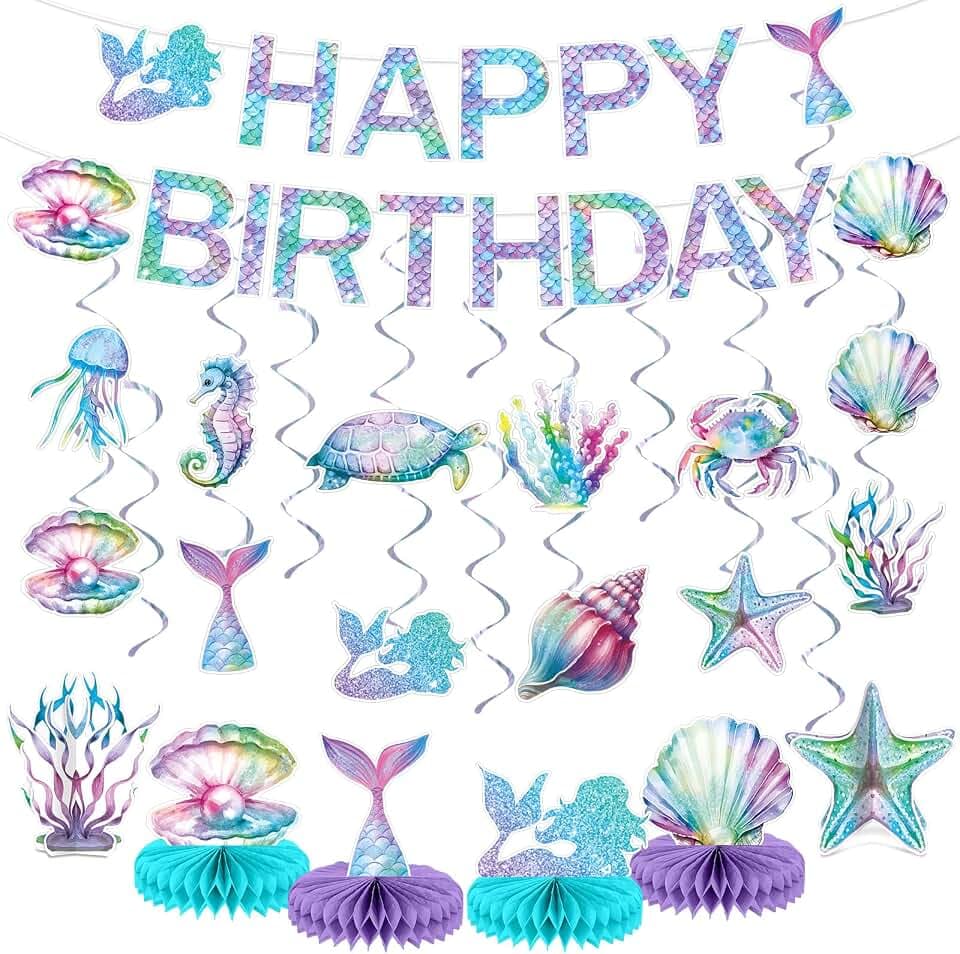 Mermaid Birthday Decorations Mermaid Party Honeycomb Centerpieces, Hanging Swirls Happy Birthday Banner Kit Ocean Mermaids Cutouts for Kids Under The Sea Baby Shower Party Supplies