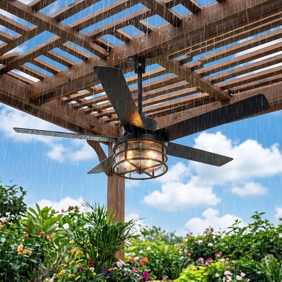 52" Weatherproof Outdoor Ceiling Fan with 4 E12 Base, Plug-in Caged Patio Fan, 6-Speed Remote & App Control, Reversible DC Motor, Matte Black