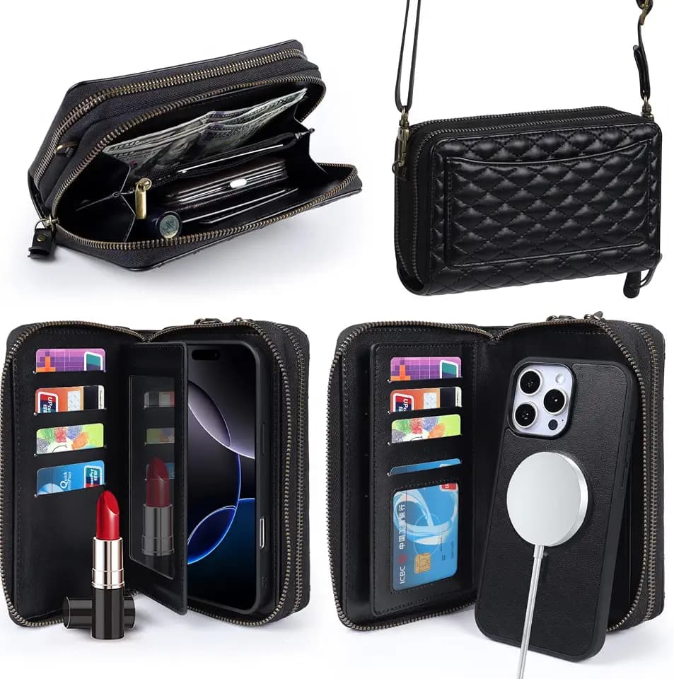 Harryshell Compatible with iPhone 16 Pro Max Case Wallet Multi Zipper Detachable Removable Cover Purse with RFID Blocking Card Slots Holder Mirror Crossbody Strap (Compatible with Magsafe - Black)