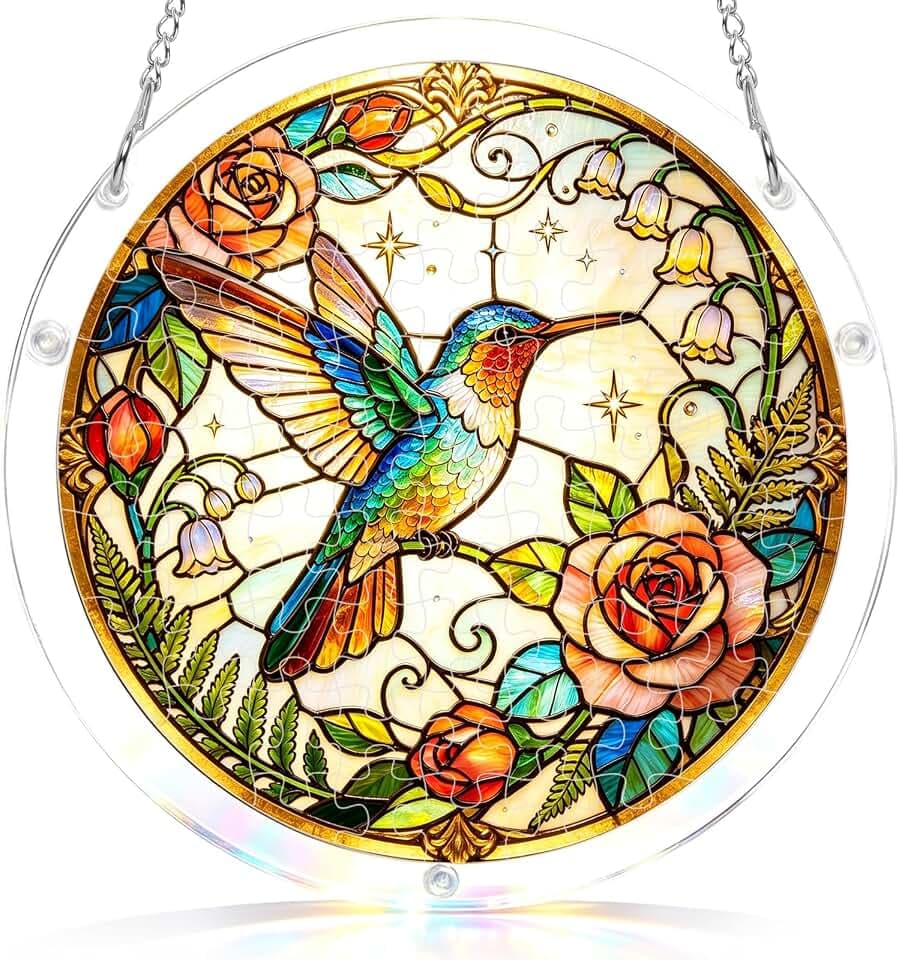 Acrylic Jigsaw Puzzle Suncatcher, Emerald Flame Hummingbird, 7.87 in
