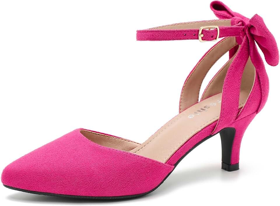 fereshte Women's Kitten Heel Pumps with Bow, Ankle Strap, Pointed Toe, Wedding Evening Dress Shoes