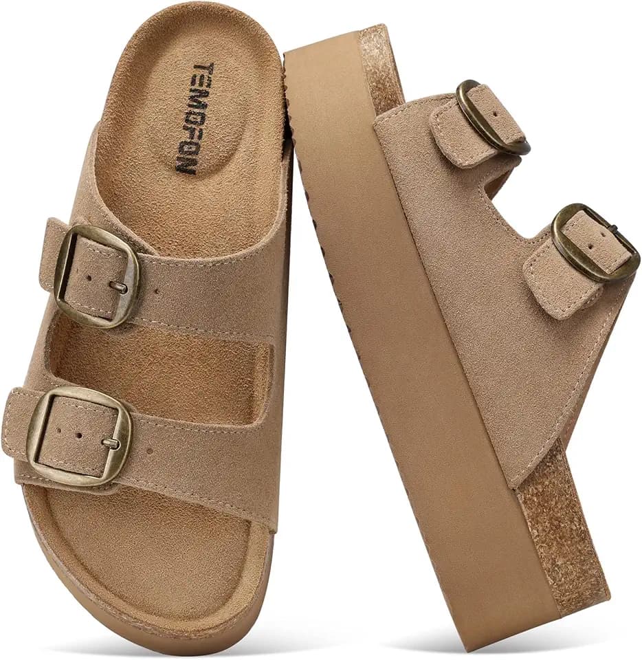 TEMOFON Platform Sandals Women Comfortable: Arch Support Memory Foam Wedge Sandals Genuine Suede Cork Footbed Slip on Summer Beach Women Footwear 2026