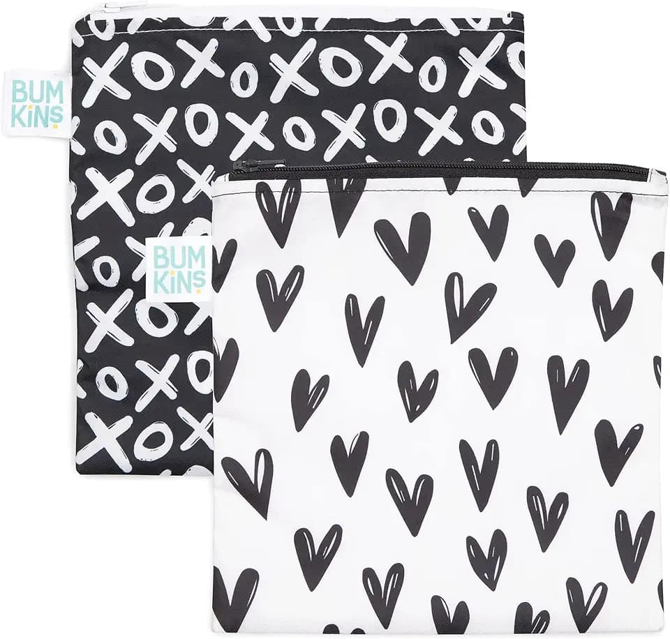 Bumkins Reusable Sandwich and Snack Bags, for Kids School Lunch and for Adults Portion, Washable Fabric, Waterproof Cloth Zip Bag, Travel Pouch, Food-Safe Storage, Large 2-pk Hearts and XOXO