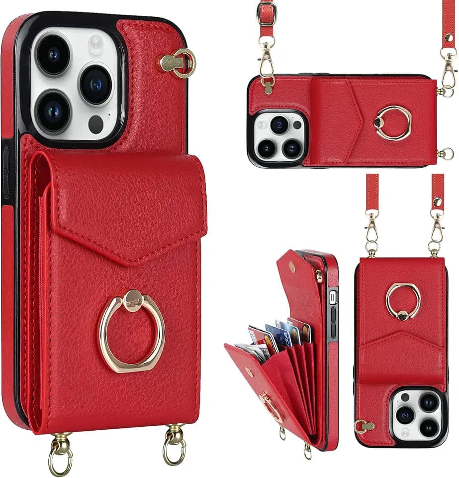 for iPhone 14 Pro Max Case 6.7 inch, Minimalist Wallet Case with Ring Kickstand and Shoulder Strap, Shockproof Stylish Protective Cover for iPhone 14 Pro Max -Red