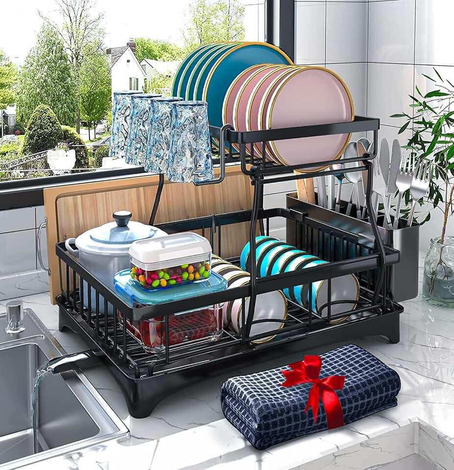 Godboat 2-Tier Dish Drying Rack - Dish Rack with Auto Drain-to-Sink & Mat