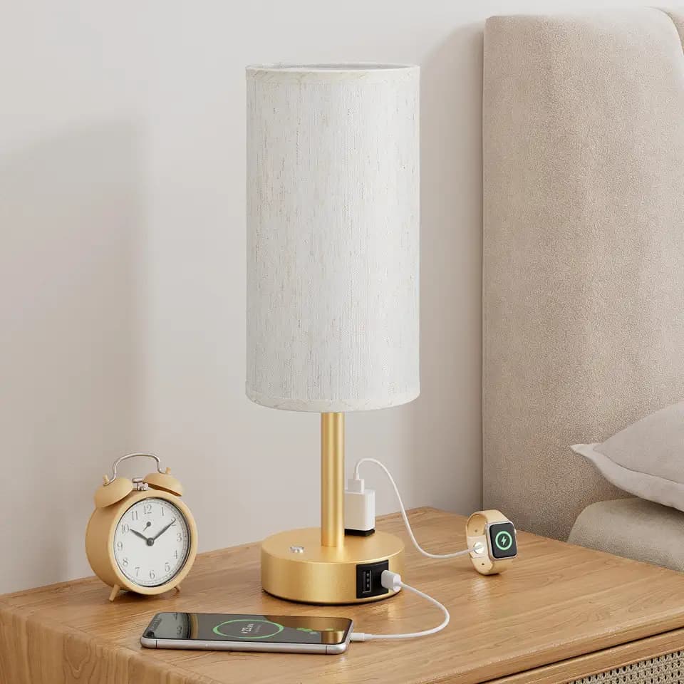 Gold Touch Bedside Lamp for Bedroom, Stepless Dimmable, USB A+C, AC Outlet