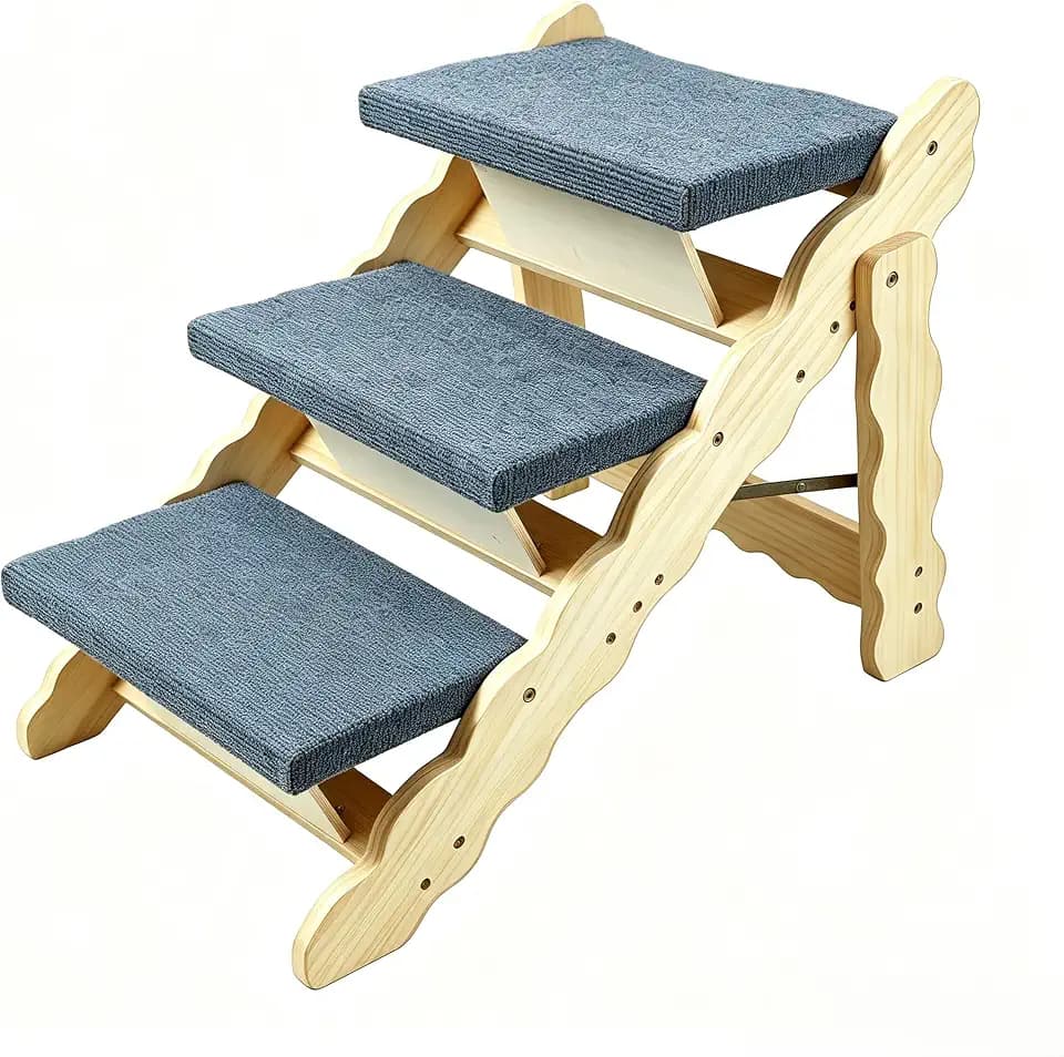 Wooden Dog Stairs, 2-in-1 Floded Flat Design Dog Steps for Beds Cars Couch, Anti-Slip Pet Ramp with 3 Steps, Indoor Pet Stairs for Small Medium Large Pet, up to 150 lbs