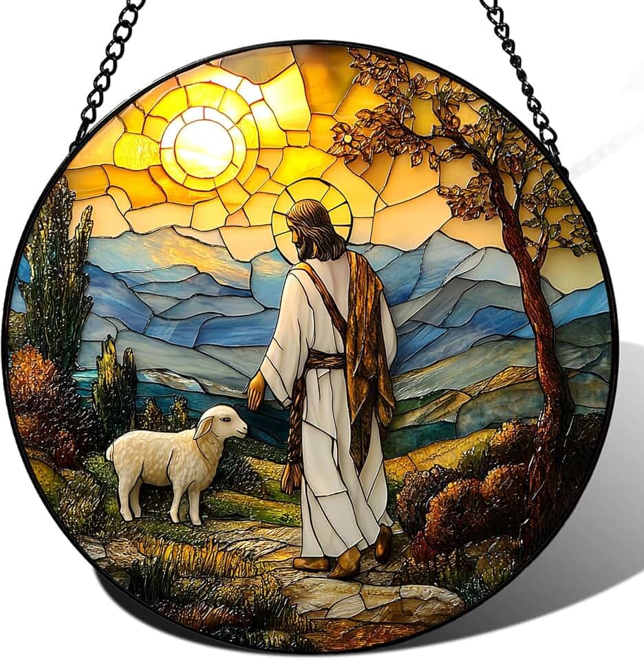 Stained Glass Jesus Suncatcher - 7.9" Real Glass Good Shepherd & Lamb Mountain Window Hanging, Weatherproof Christian Religious Decor, Sympathy Easter Memorial Gift for Mom Women