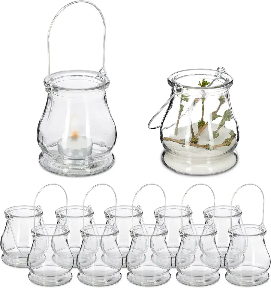 Relaxdays Windlicht, 12er Set, aus Glas, Henkel zum Aufhängen, transparent