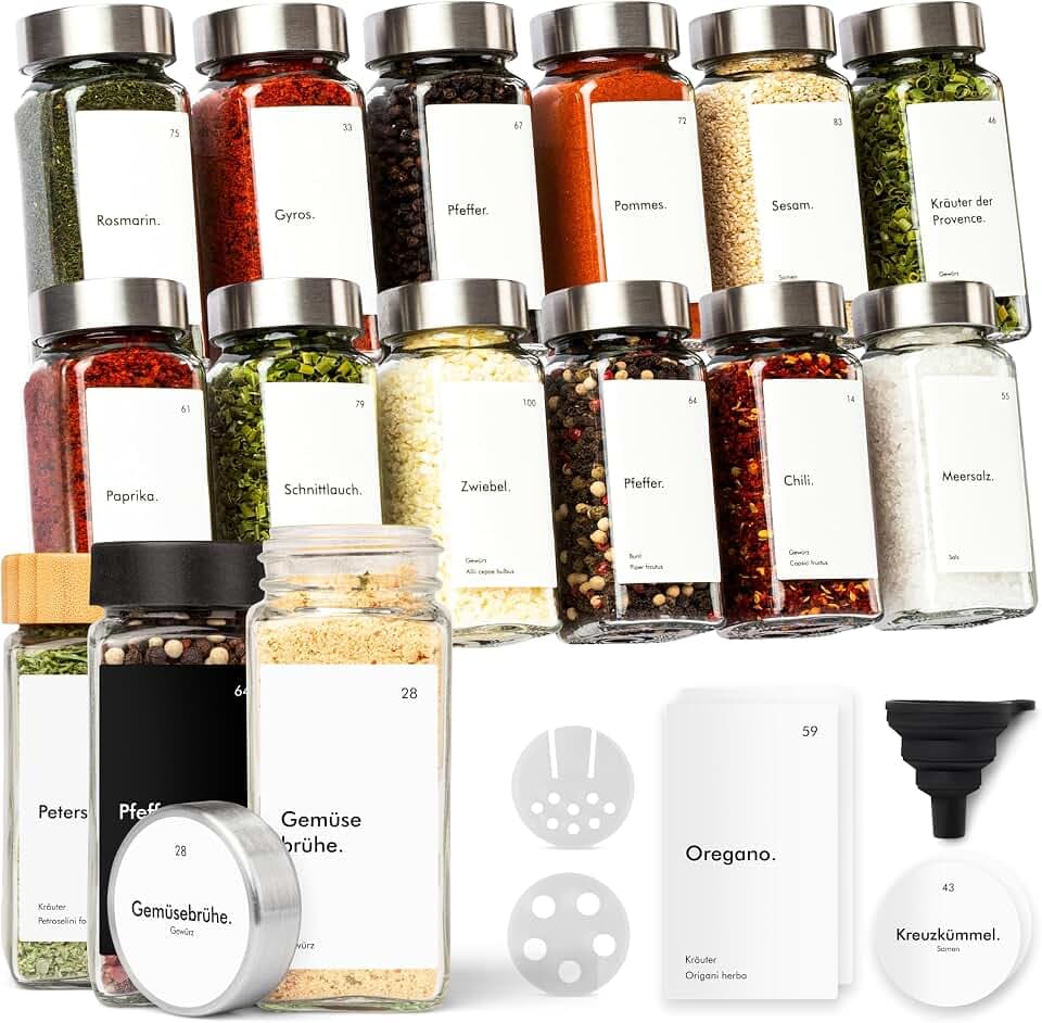 KIVY Gewürzgläser mit Streueinsatz - 12x 120ml + 120 Etiketten - Luftdicht