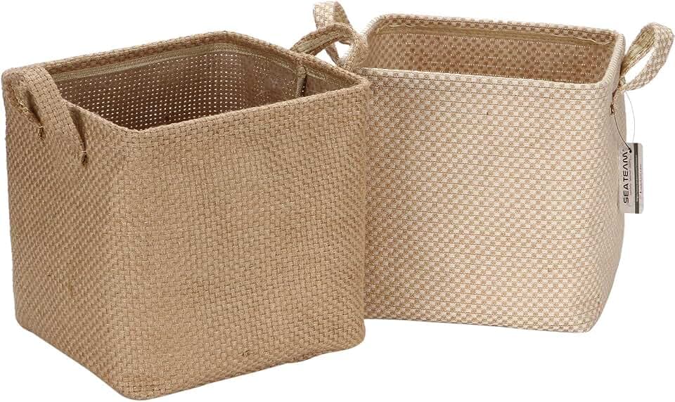 Sea Team Aufbewahrungskörbe aus Jute und Leinen, faltbar, mit Griff, Dekoration für Zuhause, Toilettenartikel, Schreibwaren, Spielzeug, Schmuck, Beige, 26 x 26 x 26 cm, 2 Stück