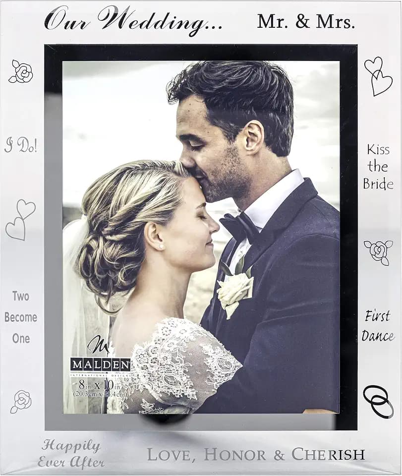 Malden International Designs Our Wedding Mirrored Glass With Mirrored Inner Border Picture Frame, 8x10, Silver