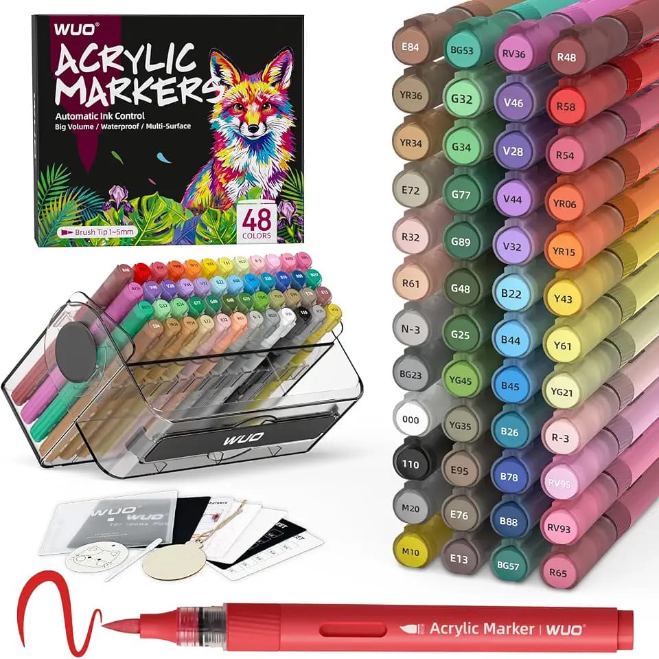 WUO 48 Colors Acrylic Paint Markers, Brush Tip, Automatic Ink Control