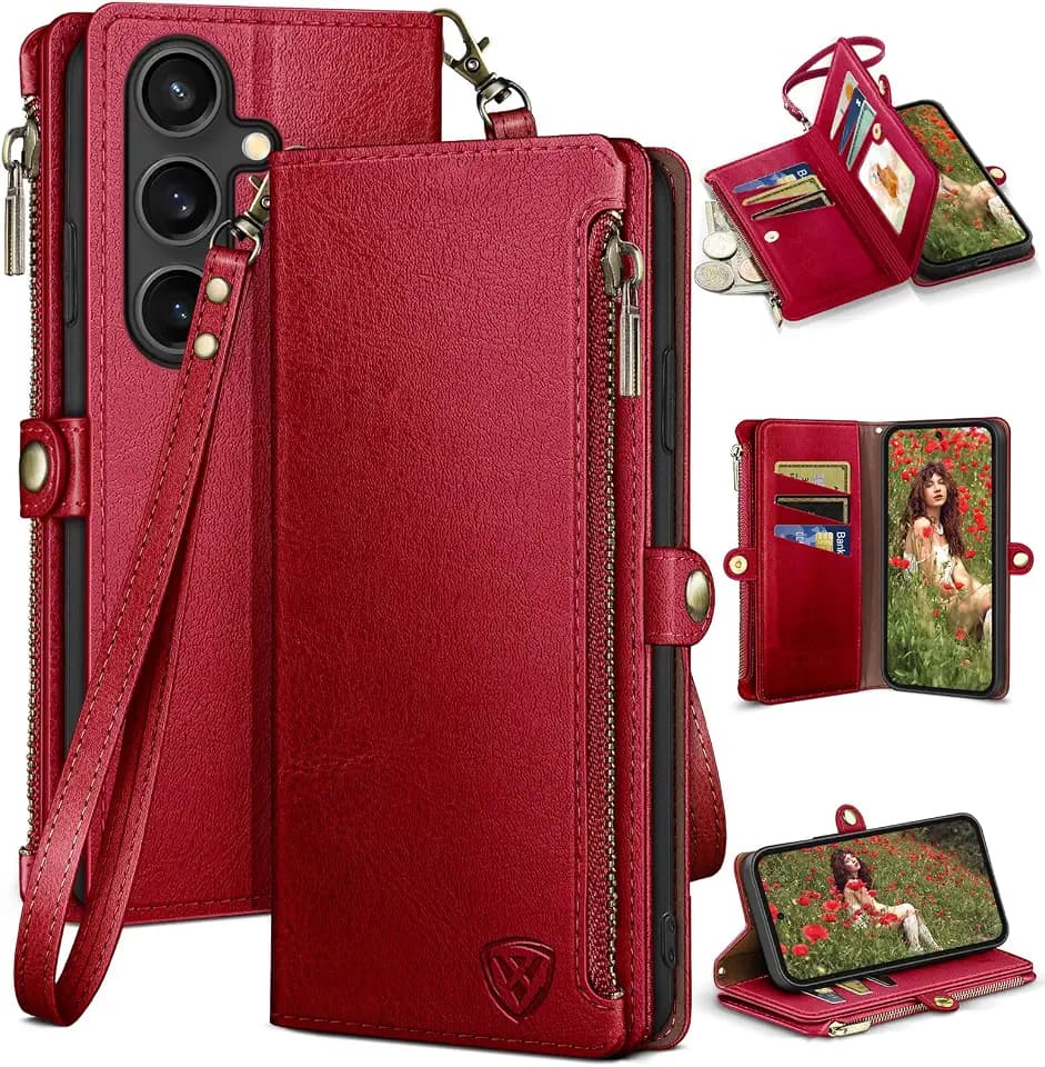 XcaseBar Compatible with ‌Samsung Galaxy S25 FE Wallet case with Zipper Credit Card Holder【RFID Blocking】,Flip Folio Book PU Leather Phone case Shockproof Cover Women Men for Samsung S25 FE case Red