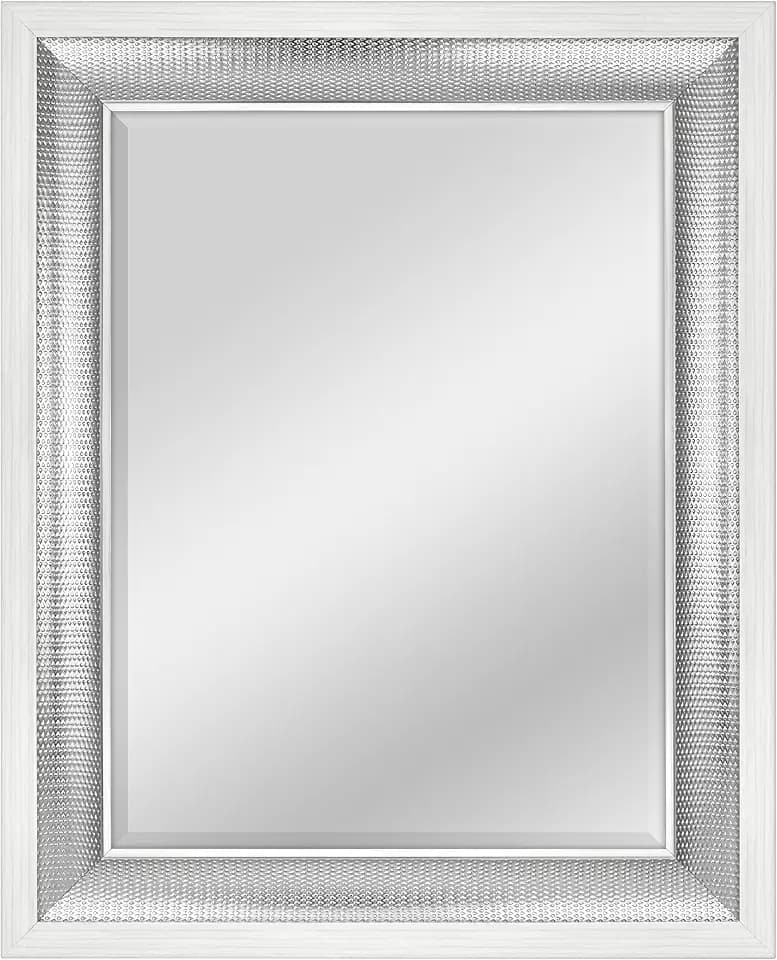 MCS 24.5x30.5 Large Wall Mirror, White Woodgrained Frame with Woven Silver Detail & Beveled Detail Mirror, Vertical & Horizontal Wall Hanging Mirror for Bathroom, Bedroom & Livingroom