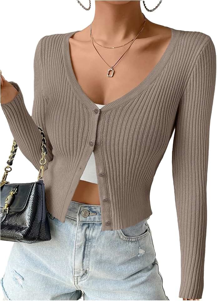 SHENHE Women's Ribbed Knit V Neck Lightweight Cropped Cardigan Sweater