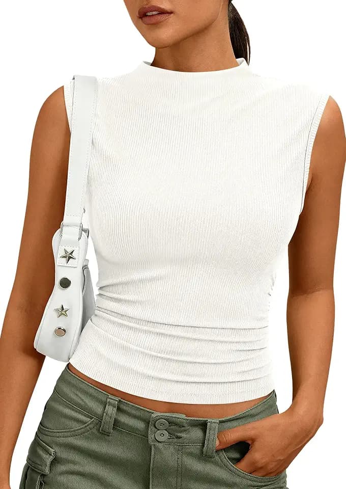 PRETTYGARDEN Women's Sleeveless Mock Neck Ribbed Tank Top