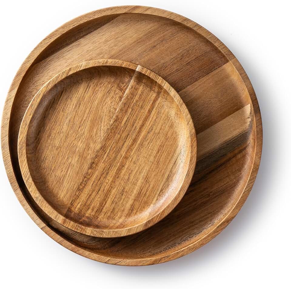 Holztablett Rund,Servierplatte,2er Set,Serviertablett Holz Tablett Schlemmerplatte, Küchentablett Servierplatte Frühstückstablett für Buffets, Picknicks,Couchtisch, Küchen Deko Bett Käse, Party Runden