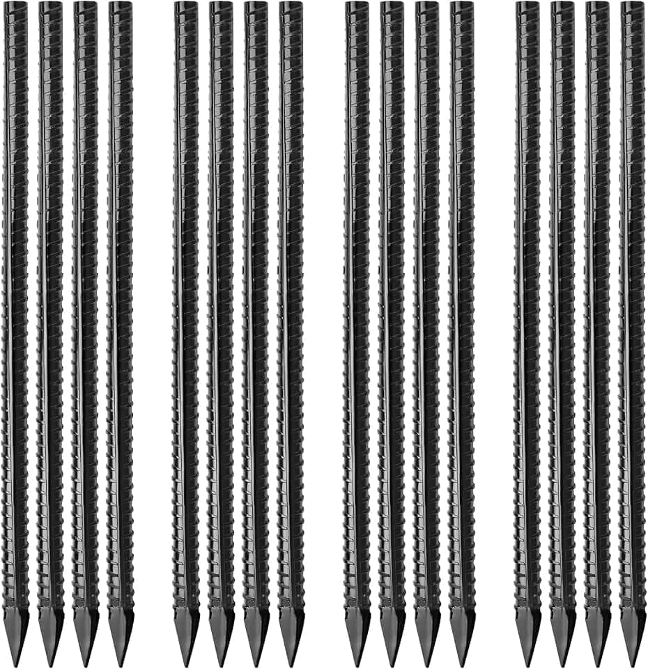 Besitu 16 inches Ground Rebar Stakes (16 pcs) Heavy Duty Metal Spikes for Concrete Timber Garden Plant, Long Straight Steel Stakes for Tent, 3/8" Thickness Ground Anchors with Chisel Point End, Black