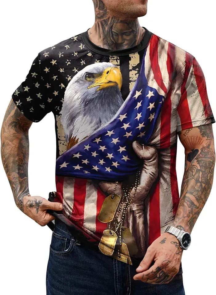 Arvilhill Mens American Flag T-Shirts Eagle Patriotic Allover Print Graphic Short Sleeve Shirt (S-3XL)