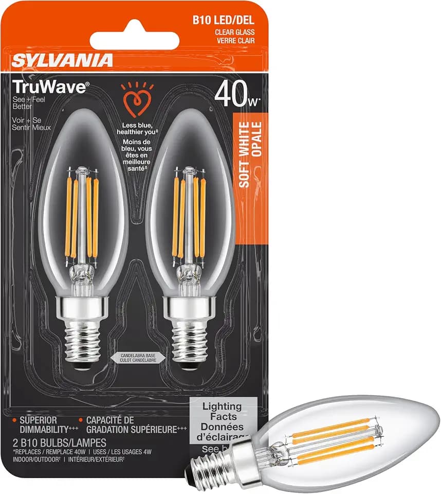Sylvania LED TruWave Natural Series Décor B10 Chandelier Light Bulb, 40W Equivalent Efficient 4W, Candelabra Base, Dimmable, 350 Lumens, Clear, 2700K, Soft White - 2 Pack (40794)