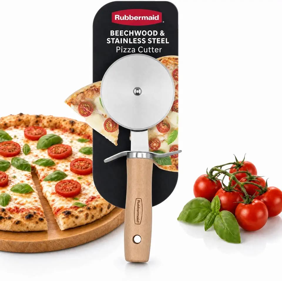 Rubbermaid Beechwood Pizza Cutter Wheel, Heavy Duty Sharp Pizza Slicer for Pizza, Dough, Pie Crust, Pastries | Stainless Steel Blade with Built In Finger Guard | Beechwood & Stainless Steel Collection