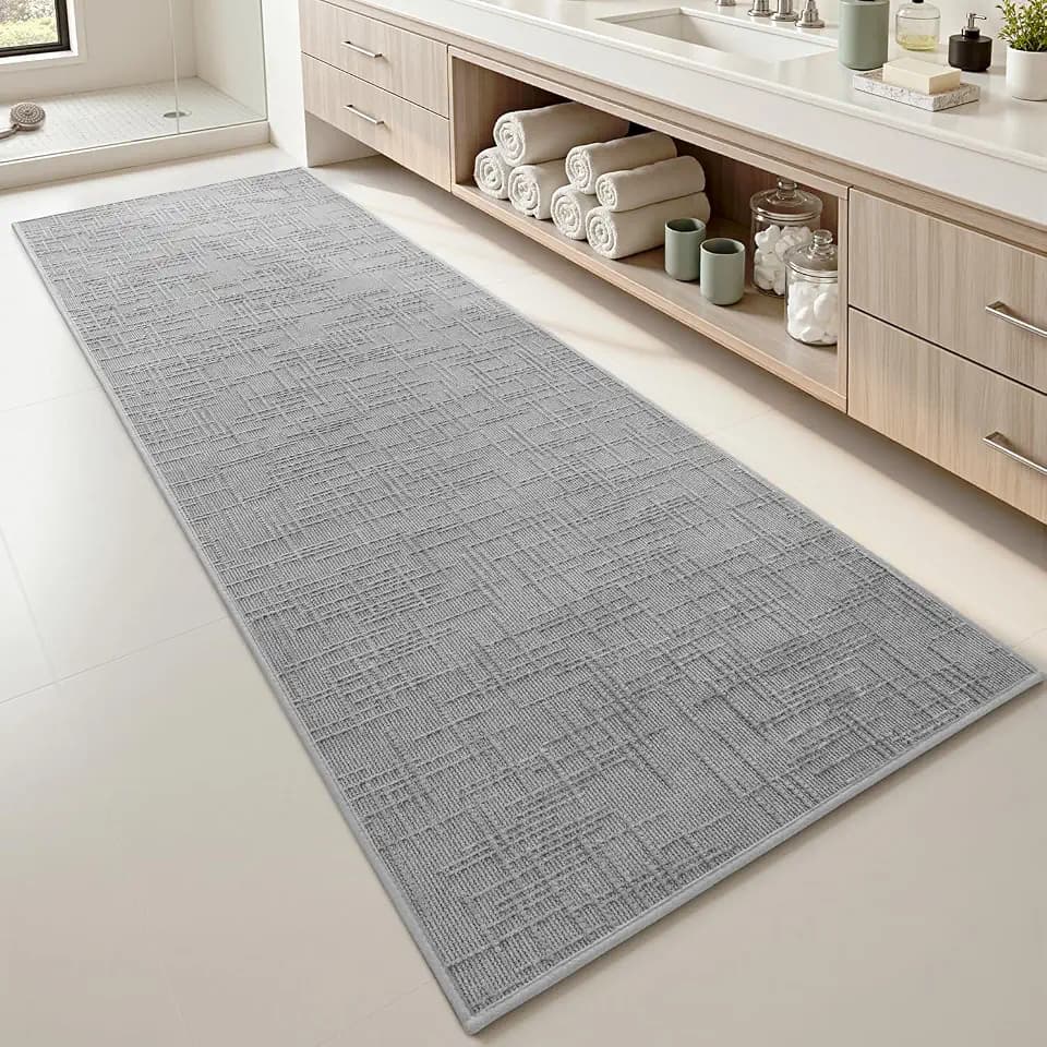 AMOAMI Bath Mat Non Slip Super Absorbent Quick Dry Bath Mats for Bathroom Floor Rubber Backing Washable Bathroom Rugs Modern Woven Jacquard Mat, Beside Tub Bath Rugs, 2' x 5', LightGrey