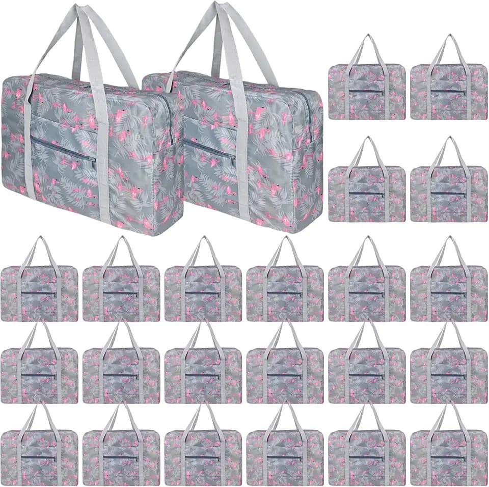 Travel Bag Carry on Duffel Bag Bulk Foldable Luggage Spirit Airlines Personal Item Bag Sports Gym Bags Weekender Overnight Bag Nylon Travel Duffel for Women (Grey Flamingo 24PCS)