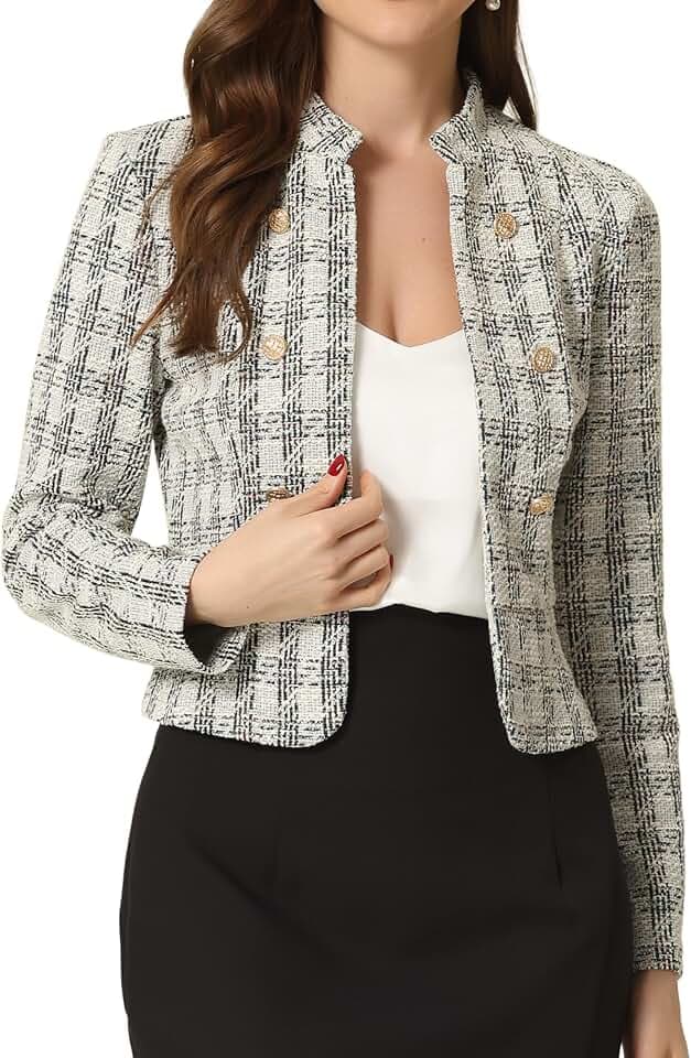 Allegra K Vintage Tweed Blazer for Women Stand Collar Work Office Open Front Short Jacket