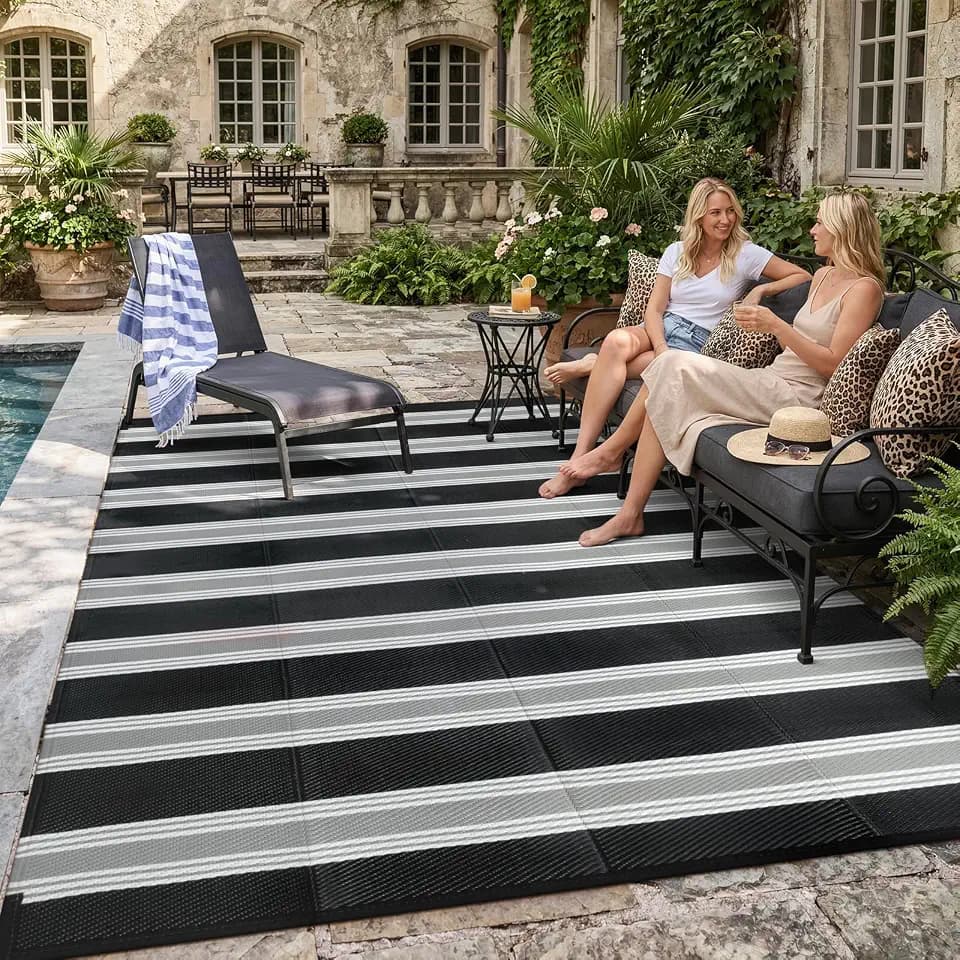 Lahome Black and White Striped Outdoor Rug, 6x9 Plastic Straw Rug Patio