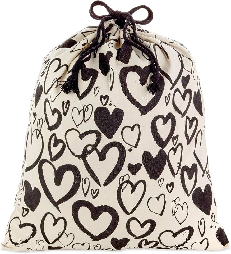 Hallmark 19" Large Canvas Bag with Drawstring (Ivory with Black Hearts)