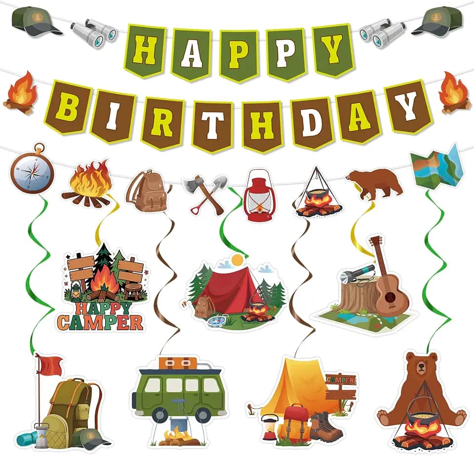 10 Pcs Camping Decorations, Camping Party Supplies with Banners and Hanging