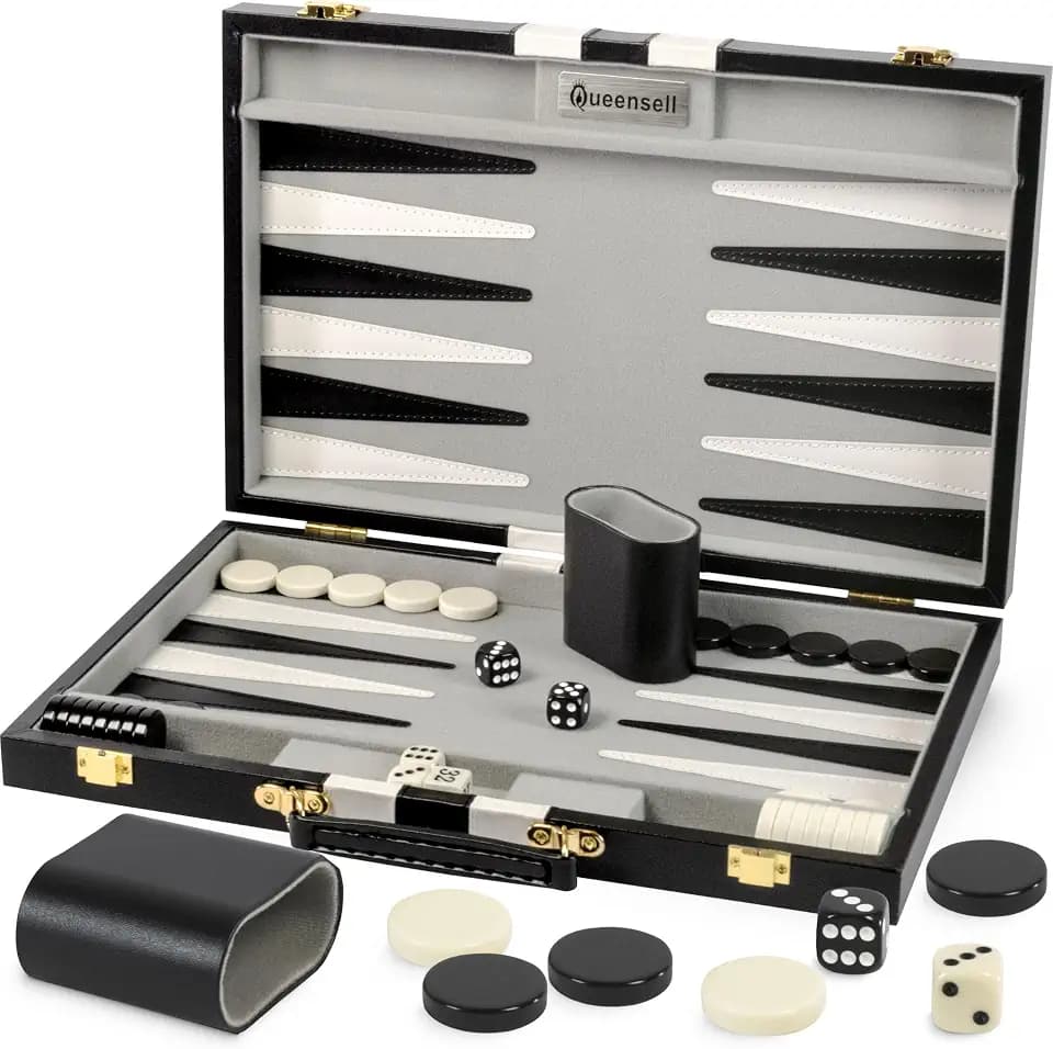 Backgammon-Sets für Erwachsene – 38 cm schwarzes PU-Leder-Brettspiel-Set – Klassisches 2-Spieler Reise-Backgammon-Set mit 32 Spielsteinen, Würfeln und Bechern