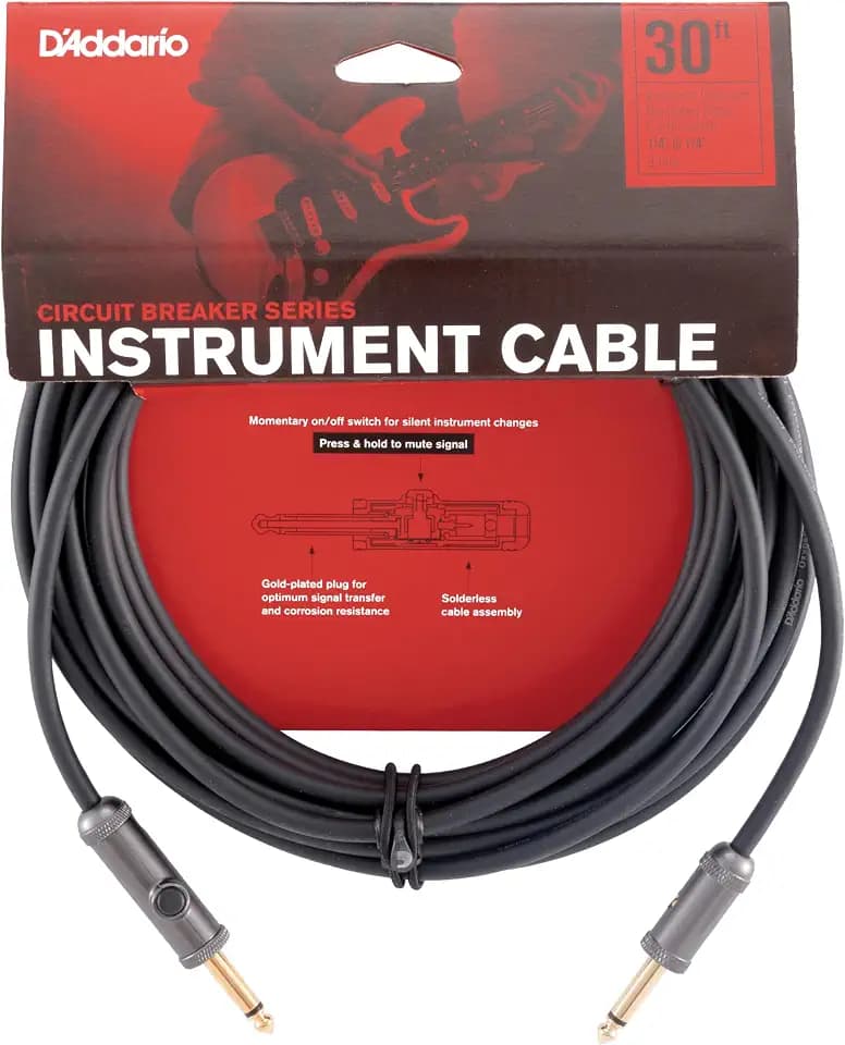 D'Addario Guitar Cable - Guitar Lead - Mute Switch for Silent Instrument Changes - 1/4 Inch Male to 1/4 Inch Male - Circuit Breaker Cable - 30 Feet/9.14 Meters - Straight Ends - 1 Pack