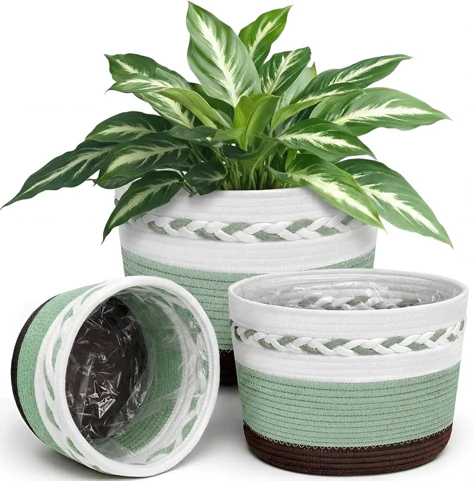 Remerry 3 Pcs 7" 9" 13" Cotton Rope Plant Baskets Indoor with Plastic Liner 3 Colorful Straw Woven Plant Basket Indoor Green Round Wicker Basket for Living Room Floor Potted Pots Decor