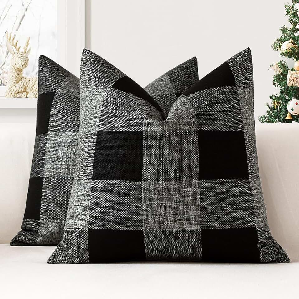 JOTOM 2er Set Buffalo Plaid Kissenbezüge, Dekorative Weich Plaid Wurf Kissenbezug Moderne Kissenhüllen Sofakissen Dekokissen Zierkissenbezug für Wohnzimmer Schlafzimmer Deko (50x50cm, Schwarz+Grau)