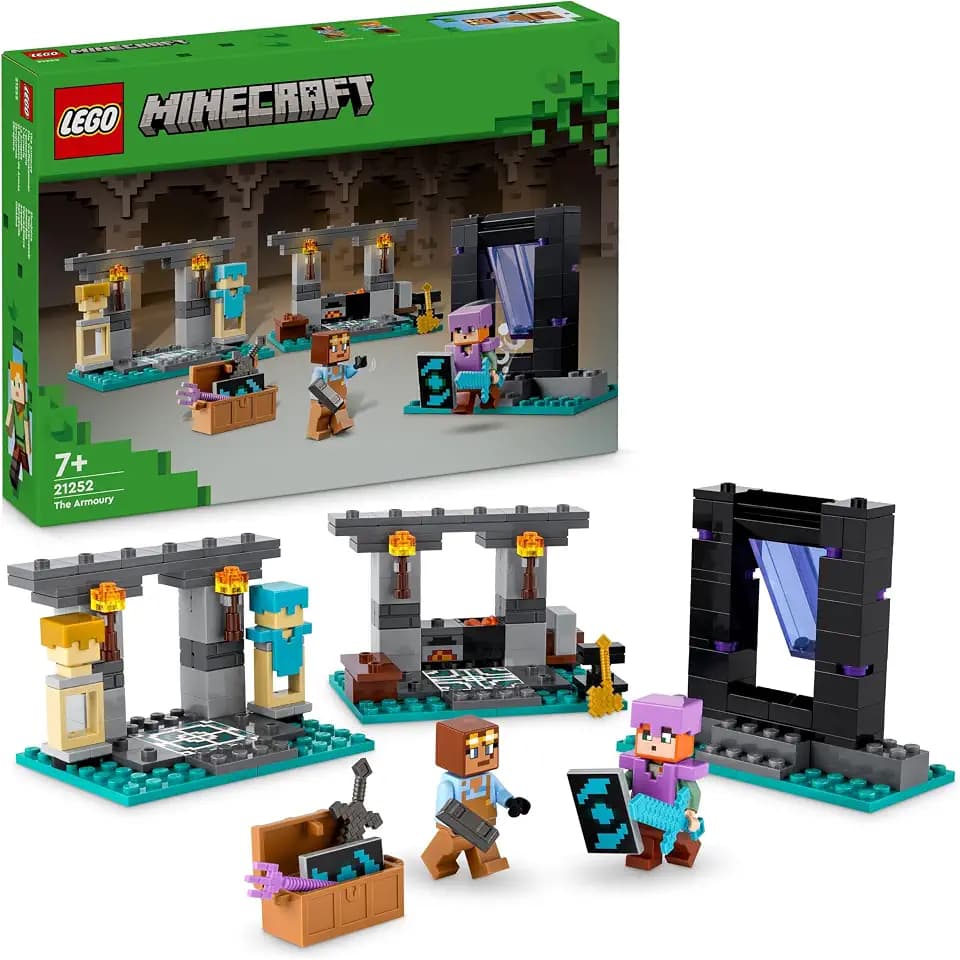 LEGO Minecraft Die Waffenkammer - Spielzeug mit Netherportal, inkl. Alex & Waffenschmied Figuren -Zubehör wie Goldaxt, Schwerter & Schild - Gamer Geschenk für Jungen & Mädchen ab 7 Jahren - 21252