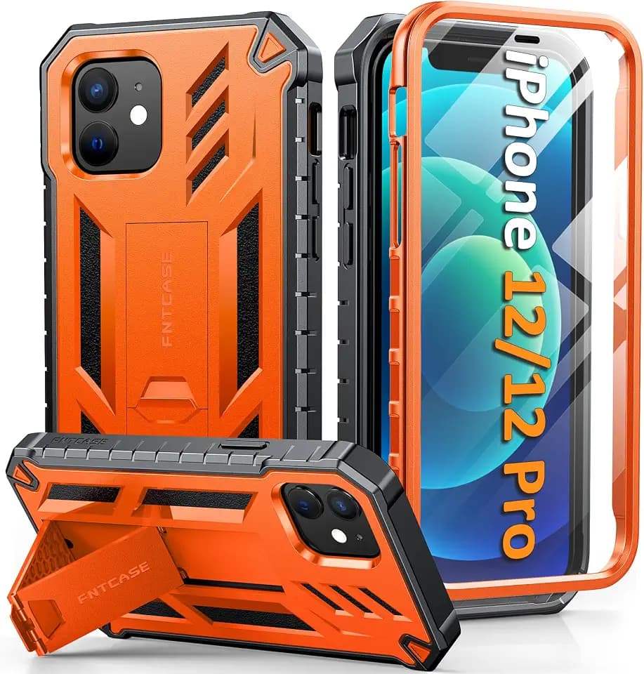 FNTCASE for iPhone 12/12 Pro Case with Built-in Screen Protector Orange