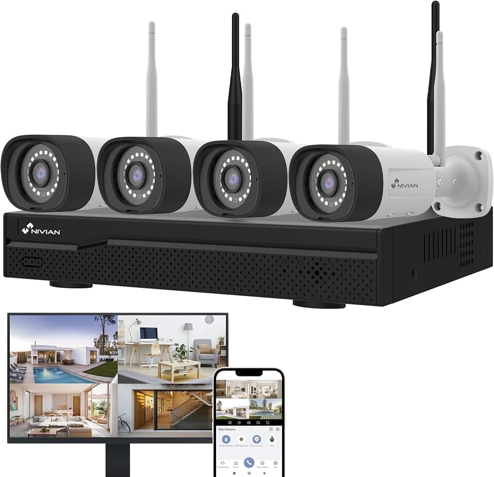 NIVIAN WLAN-Kamera-Set, Überwachungskamera Set, KI-Personenerkennung, Zwei-Wege-Audio, Nachtsicht, EseeCloud-App, HDMI-Ausgang für TV/Monitor (10 Kanäle - 4 Kameras, CCTV-Kit)